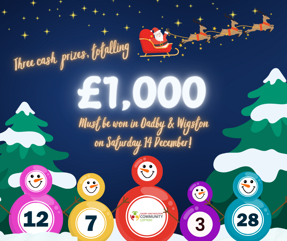 Graphic with text 'Three cash prizes, totalling £1,000 must be won in Oadby & Wigston on Saturday 14 December'